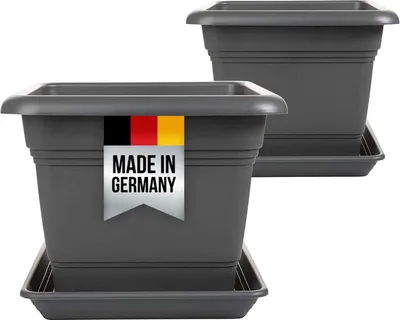 Produktbild von Große Blumentöpfe anthrazit wetterfest, 2er Set mit Untersetzer, Drainagelöcher