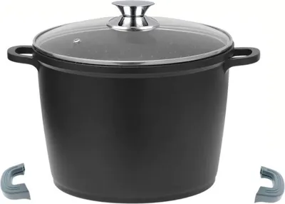 A black cooking pot with a glass lid and silver handle, shown from a slightly diagonal front view. Two grey silicone pot handle covers are placed at the bottom corners of the image.