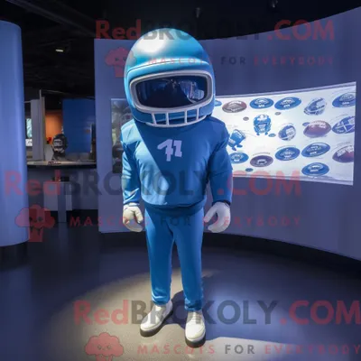 Produktbild von Blauer REDBROKOLY American Football Helm Maskottchen Kostüm Charakter gekleidet mit einem Grafik-T-Shirt und Beanies
