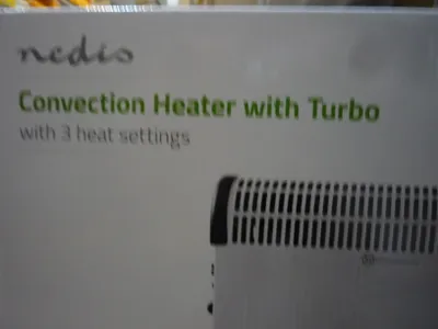 A close-up of the packaging for a Nedis convection heater.