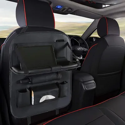 Produktbild von Multifunktionaler Organizer für die Rückseite eines Vordersitzes im Auto mit klappbarem Tablett aus schwarzem Kunstleder