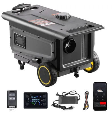 Zdjęcie produktu dla Nagrzewnica spalinowa VEVOR 8 kW DC 12 V/24 V, przenośna nagrzewnica spalinowa typu "wszystko w jednym" z aplikacją Bluetooth, pilotem i ekranem LCD, konstrukcja wózka, zbiornik paliwa 5 l do samochodów ciężarowych