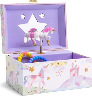 Produktbild von Jewelkeeper Einhorn-Schmuckkästchen für Geburtstagsgeschenke für Mädchen – Schmuckkästchen für Mädchen mit ausziehbarer Schublade, glitzerndes Regenbogen-Schmuckkästchen für Kinder mit der Melodie „The Beautiful Dreamer“ – 15 x 10,8 x 8,6 cm