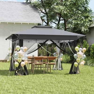 Produktbild von LZQ Gartenpavillon 3x3m  Pop-Up Faltpavillon mit Doppeldach, 4 Moskitonetzen, UV-Schutz, Höhenverstellbar, Robuster Rahmen, Oxford-Gewebe, Anthrazit