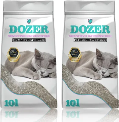 Obrázok produktu pre 20 litrov Dozer podstielka pre mačky 20L Sensitive s vôňou detského púdru Hrudkujúca podstielka Premium podstielka pre mačky s vôňou detského púdru - jemná hrudkujúca podstielka z bentonitu 2 x 10L