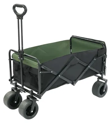 Zdjęcie produktu dla Składany wózek do transportu – idealny do campingów i zakupów – udźwig 150 kg – pojemność 150 litrów + 30 litrów – regulowany uchwyt – opony terenowe – kolor czarny