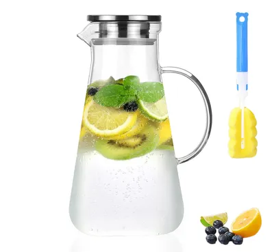 Produktbild von 2,2L Liter  Glas Karaffe Krug mit Deckel , Wasserkaraffe, Eistee Krug, Saft Krug, für hausgemachte Getränke/Eistee/Milch/Kaffee/Wein