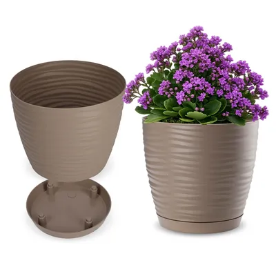Zdjęcie produktu dla KADAX doniczka ze spodkiem "Temara", doniczka, plastikowa doniczka, sadzarka, okrągła, 17 cm, beżowa
