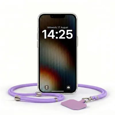 Produktbild von Handyhülle für Apple iPhone 15 mit Handykette Band in Lila Violett Kordel Hülle Case Schutzhülle Transparent