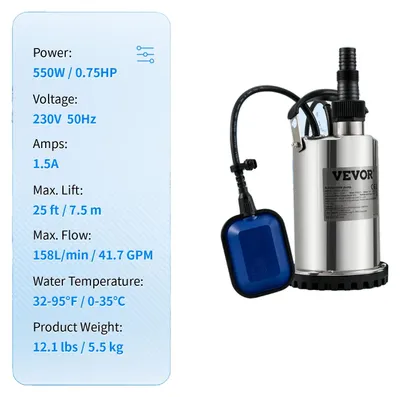 Image de Pompe pour eaux usées, hauteur de refoulement maximale de 7,6 m, indice de protection IPX8, 550 W / 0,75 CV, UE