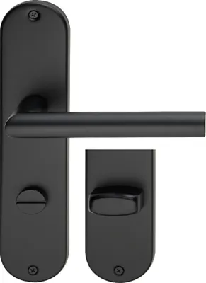 A black door handle set on a white background.