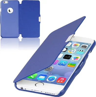 A blue flip cover case for an iPhone is shown, with the phone inside and the cover partially open.