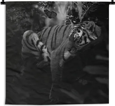 Produktbild von MuchoWow® Wandteppich Wandbehang Schmetterling - Dschungel - Tiger - Schwarz - Weiß 150x150 cm Tapisserie Dekoration Wandtuch - Wohnaccessoires - Modernes