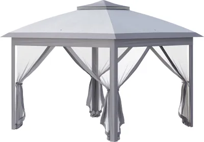 A gray and white gazebo with sheer curtains, isolated on a white background.