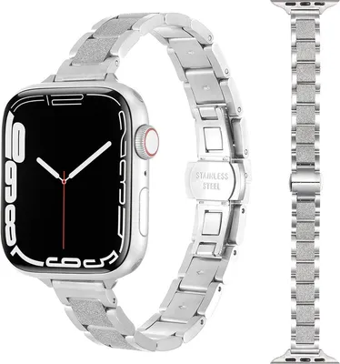 Produktbild von FFO2World schlankes Edelstahlarmband mit mattem Glitzer-Mittelglied für Apple Watch 42/44/45/46/49 mm (Serie 1–11, SE, Ultra) – Silber