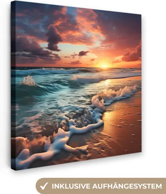 Produktbild von MuchoWow® - Leinwandbilder - Sonnenuntergang - Strand - Meer - Golfen, Wandbild, Wanddeko Bilder Wohnzimmer, 90x90cm