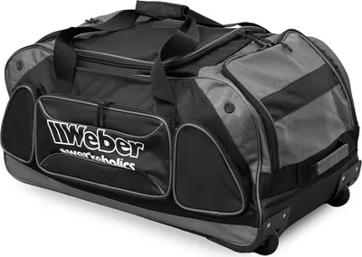 A Weber branded rolling duffel bag is shown from a three-quarter front angle against a light gray background.