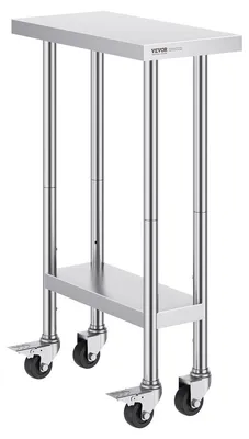 Obrázok produktu pre Pracovný stôl z nehrdzavejúcej ocele, komerčný prípravný stôl, rozmery 24 x 12 palcov, so 4 kolieskami