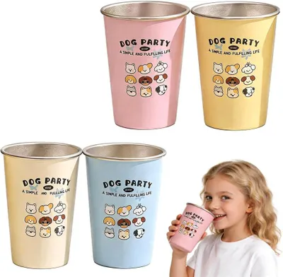 Obrázek produktu pro Nerezové hrnky pro děti, objem 350 ml, sada 4 kusů, odolné proti rozbití, vhodné do mateřských škol
