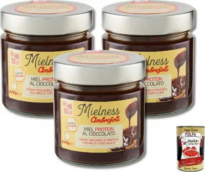 Produktbild von Mielness Miel Protein Crema Proteica con Miele Ambrosoli e Cioccolato 220g, Proteincreme mit Honig und Schokolade 3x220g + Italian Gourmet polpa 400gr