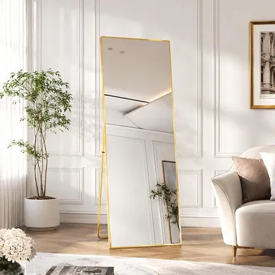Imagen del producto de Espejo de cuerpo entero Silecomplaza, 140 x 50 cm, de pie, para colgar o apoyado, gran espejo de pie con marco dorado de aleación de aluminio, ideal para salones o dormitorios
