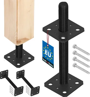 A product shot of adjustable post base anchors and screws, with a wooden post shown on one anchor.