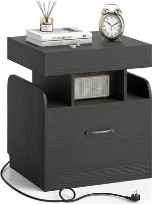 Zdjęcie produktu dla KOMFOTTEU stolik nocny ze stacją ładującą, 2 gniazda, 1 port USB i 1 złącze typu C, stolik boczny z szufladą i otwartymi półkami, szafka nocna 50 x 40 x 55 cm (czarny)