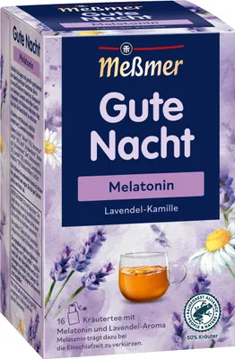 A box of Meßmer Gute Nacht tea with lavender and chamomile, featuring melatonin.
