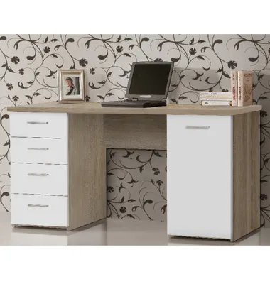 Produktbild von Forte Schreibtisch NET 106, Weiß und Sonoma Eiche, 145x60x76,3 cm, mit Tür und Schubladen