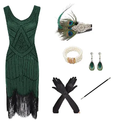 Produktbild von 20er Jahre Flapper Damen Kostüm Grün Pailletten Kleid und 5-tlg. Pfau Zubehör-Set, Größe:XL