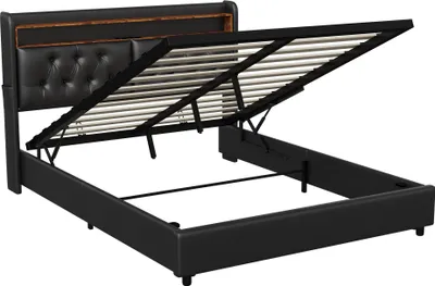 Obrázok produktu pre UnboxG Hydraulická skriňová posteľ 160x200 cm, čalúnená posteľ s úložným priestorom a LED, USB a Type-C, manželská posteľ s lamelovým roštom, úložná posteľ pre mladých, PU, čierna