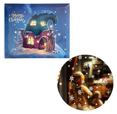 Weihnachtsadventskalender mit einer verspielten, verschneiten Hausillustration und einem separaten runden Bild von Schneeflocken-Fensteraufklebern