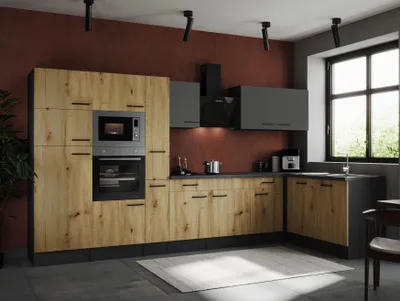 Produktbild von Küche Küchenzeile Winkelküche Grau Matt Artisan Eiche Oliver 370x172 cm Respekta