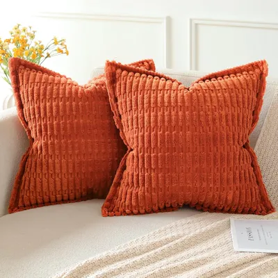 Produktbild von Set mit 2 orangefarbenen Cord-Kissenbezügen im Boho-Stil, 45 x 45 cm, für Wohnzimmer oder Schlafzimmer