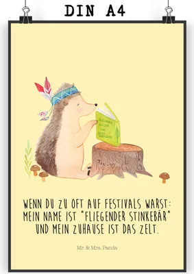 Produktbild von Mr. & Mrs. Panda Bild Igel Federschmuck DIN A4 - Gelb Pastell - Geschenk, Lagerfeuer, wanddeko, drucke, Plakat, Kunstdruck, Indianer, Wandbild, Tiere, Abenteuer, Camping
