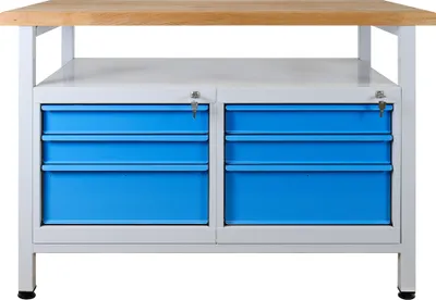 Produktbild von Werkbank Rhino mit Ablagefläche + 6 Schubladen | HxBxT 84x120x60cm | Traglast 300kg | Lichtgrau/Lichtblau