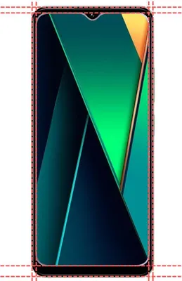 A smartphone with a colorful abstract wallpaper displayed on its screen, framed by dashed red lines indicating its boundaries.