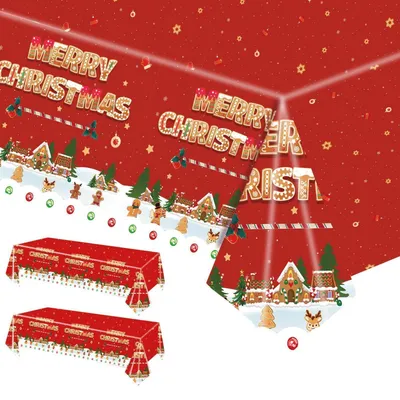 Productafbeelding van Set van 2 kersttafelkleden, rechthoekig, 137 x 274 cm, met kerstmannenmotief, van kunststof, waterdicht