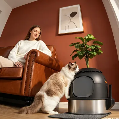 Produktbild von Katzenklo Edelstahl, Katzenklo Blumentopf, Schwarz Katzenklo Versteckt, Geschlossen Katzentoilette mit Tür, Schaufel und Streumatte, für Wohnzimmer