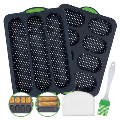 Immagine prodotto di Due stampi in silicone a forma di baguette, con spatola e pennello per olio, ideali per pane e torte