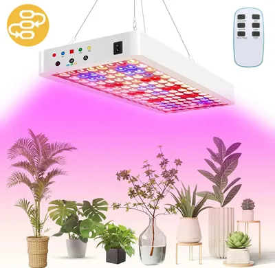 A grow light illuminates several potted plants, with a remote control visible.