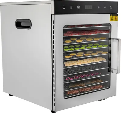 A stainless steel food dehydrator with multiple trays filled with dried food items.