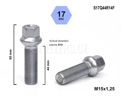 Obrázek produktu pro Kolový šroub M15x1,25x44 kulový R14, klíč 17, S17Q44R14F, výška 65 mm