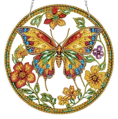 Produktbild von 5D Diamant Malerei Hängendes Ornament Kit Schmetterling Blume Beidseitig mit Kette 19.3cm x 19.3cm Gelb Grün Blau