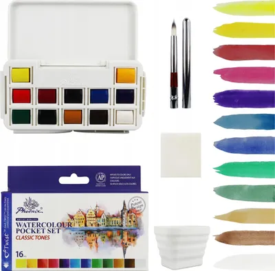 Produktbild von Aquarellfarben Phoenix 12 Farben – Künstler Aquarell Set in Halbnäpfchen mit Zubehör im Twist Box Etui