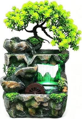 Produktbild von Zimmerbrunnen, Tischbrunnen mit LED Farbwechsel, Wasserfall Zimmerbrunnen mit Feng Shui Rad, Leise Tauchpumpe, Tischbrunnen Deko für Wohnzimmer Büro Schlafzimmer, Luftbefeuchtend 18x15x30 cm