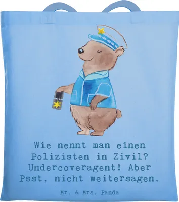 Produktbild von Mr. & Mrs. Panda Schultasche Geheimer Polizist - Sky Blue - Geschenk, Berufsprodukte, Verantwortung, Mut, personalisierte Geschenke, tragetasche baumwolle, Einkaufstasche