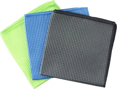 Immagine prodotto di Set di panni in microfibra, 3 pezzi, 40x40 cm, per cucina, auto e moto (verde, blu, grigio)