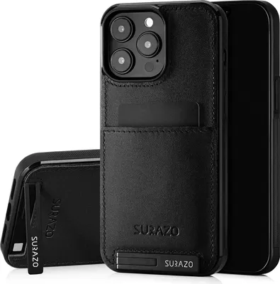 Immagine prodotto di Custodia posteriore in vera pelle premium SURAZO per Apple iPhone 14 Pro Max, cover protettiva in pelle, colore nero