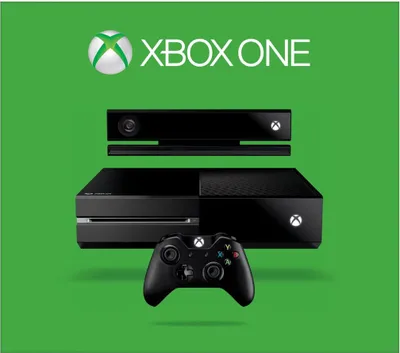 An Xbox One console, controller, and Kinect sensor are displayed against a green background with the Xbox One logo and text.